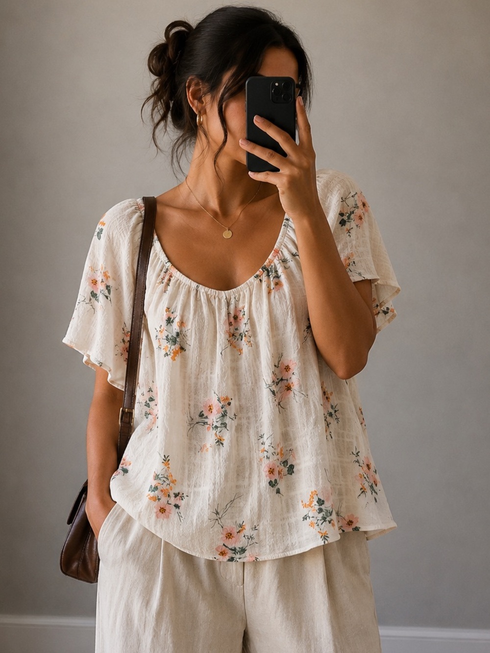 Melrose and Market Cream Floral Scoop-Neck Blouse